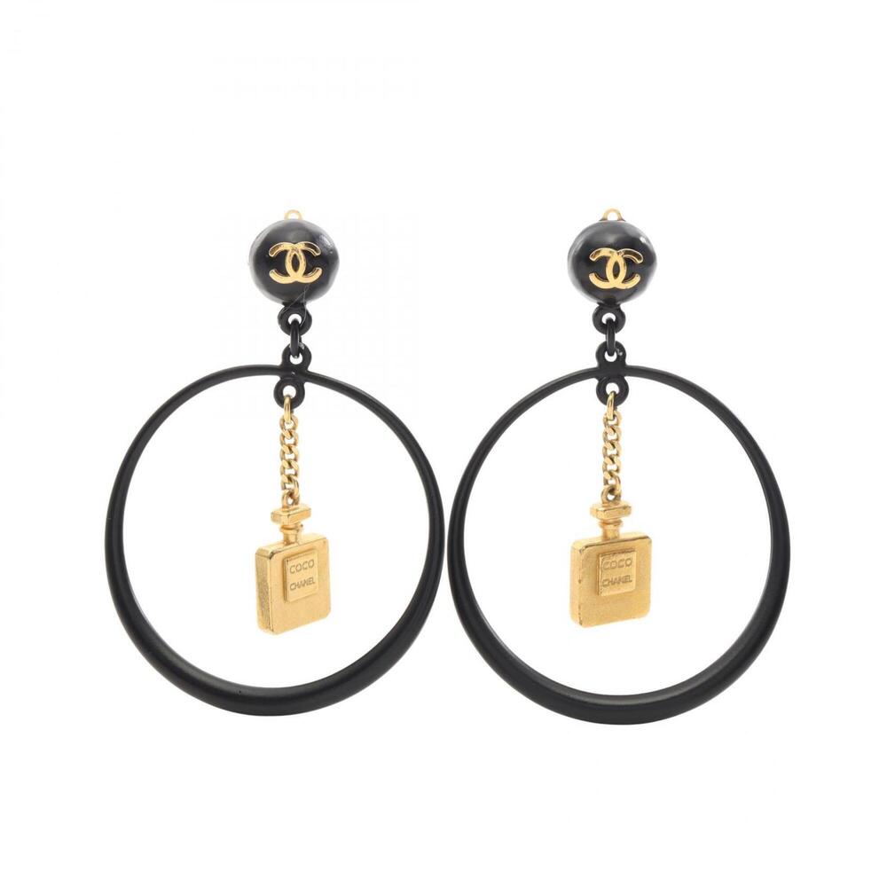 Chanel Coco Mark Perfume Bottle Motif Hoop Earrings, Gold Plated (GP), Women'...